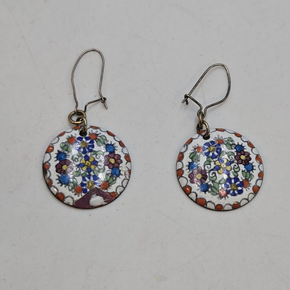 Vintage Austrian Earings Enameled On Copper Flowers Dangle Folk Art